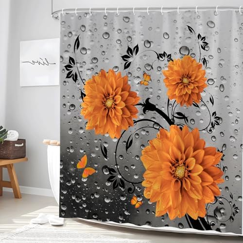 Grey Raindrop Floral Shower Curtain Set with Hooks 70x70 Inch