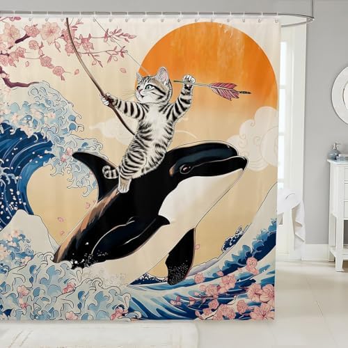 Funny Cat Shower Curtain with Cherry Blossoms Pattern