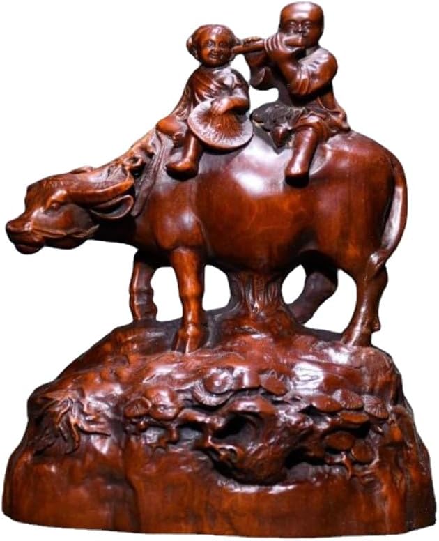 LimpaC Handcrafted Boxwood Child Riding Ox Statue