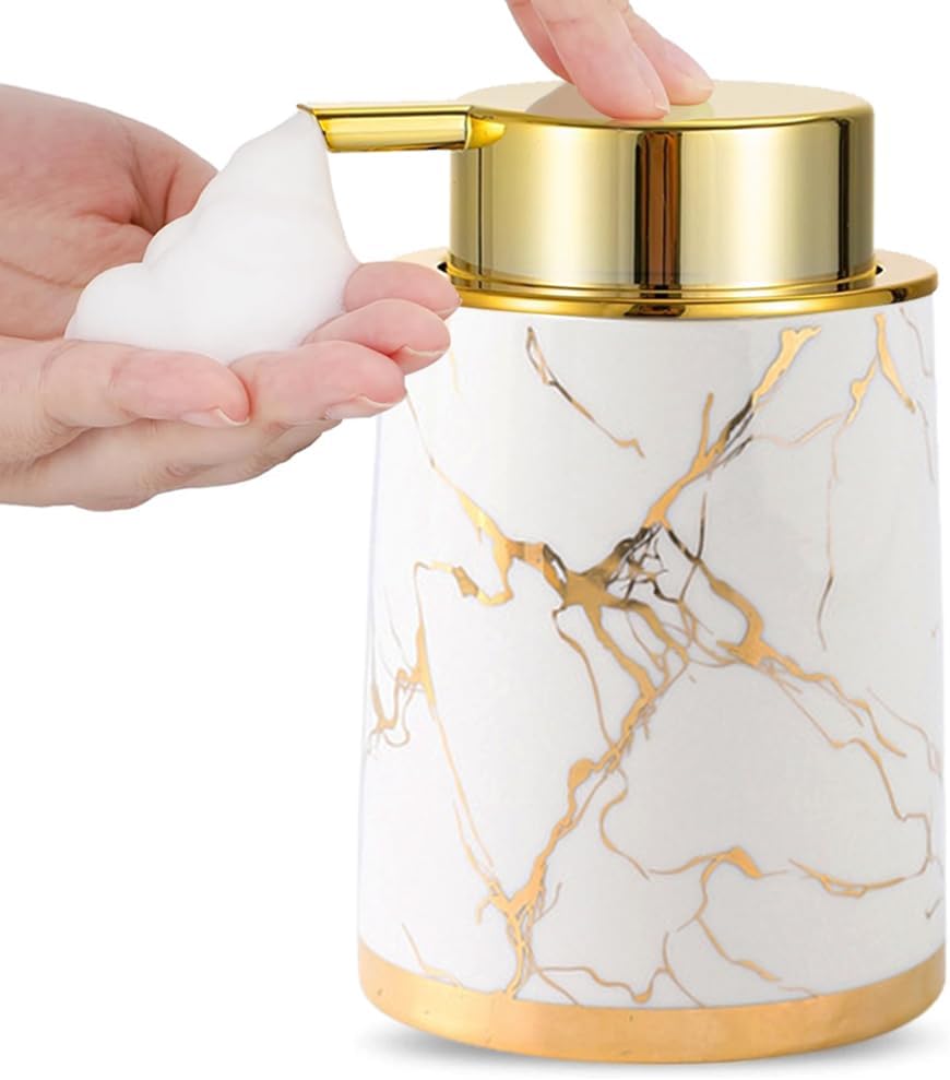 Ceramic Foaming Soap Dispenser with Gold Pump 135Oz White Marble Design