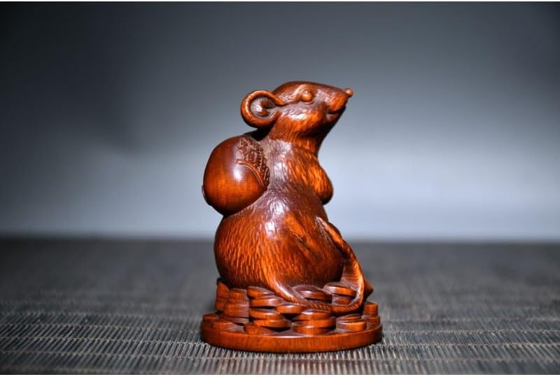 Handcrafted Boxwood Mouse Fengshui Statue Decor