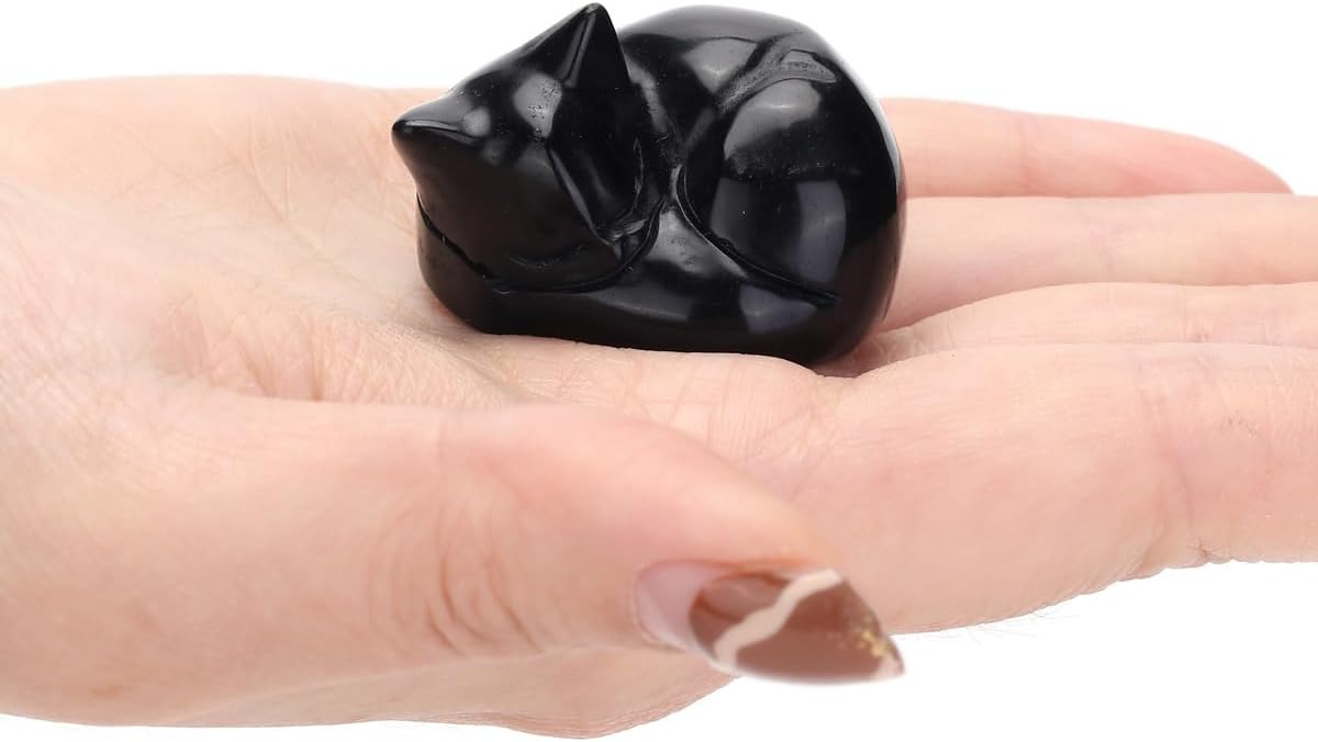 Jovivi Polished Black Obsidian Sleeping Cat Figurine 16 Inch Handmade Crystal Kitten Statue