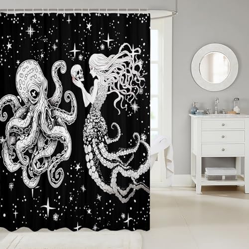 Erosebridal Galaxy Starry Octopus Mermaid Bath Curtain Set
