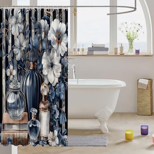 Erosebridal Blue Floral Bath Curtain with Stripe Design