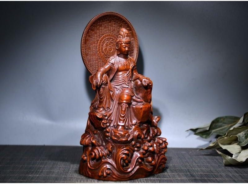 LimpaC Handmade Boxwood Guanyin Statue with Sea Wave Design