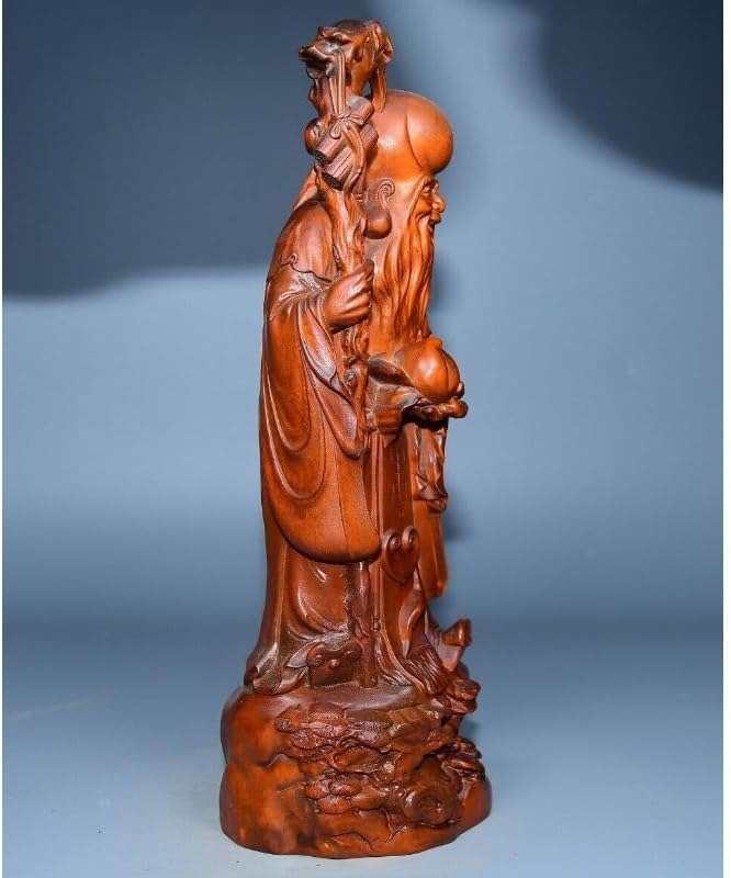 Boxwood Longevity God Peach Stand Handmade Statuette