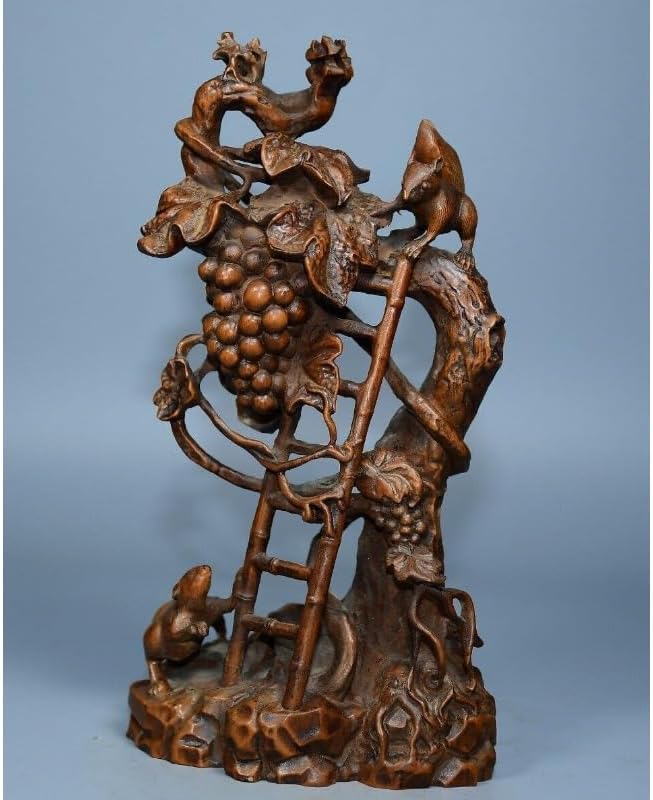 Handcrafted Boxwood Squirrel Ladder Grape Statue