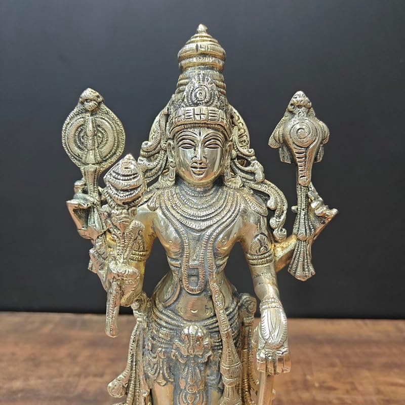 Statuestudio Lord Vishnu Standing Idol - 145 Inch Brass Gold Statue