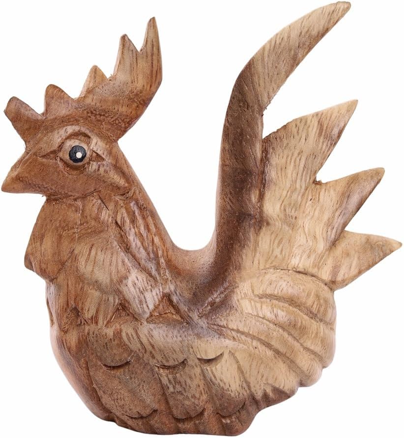 Thai Wooden Hand Carved Rooster Statue - Rustic Home Decor Accent