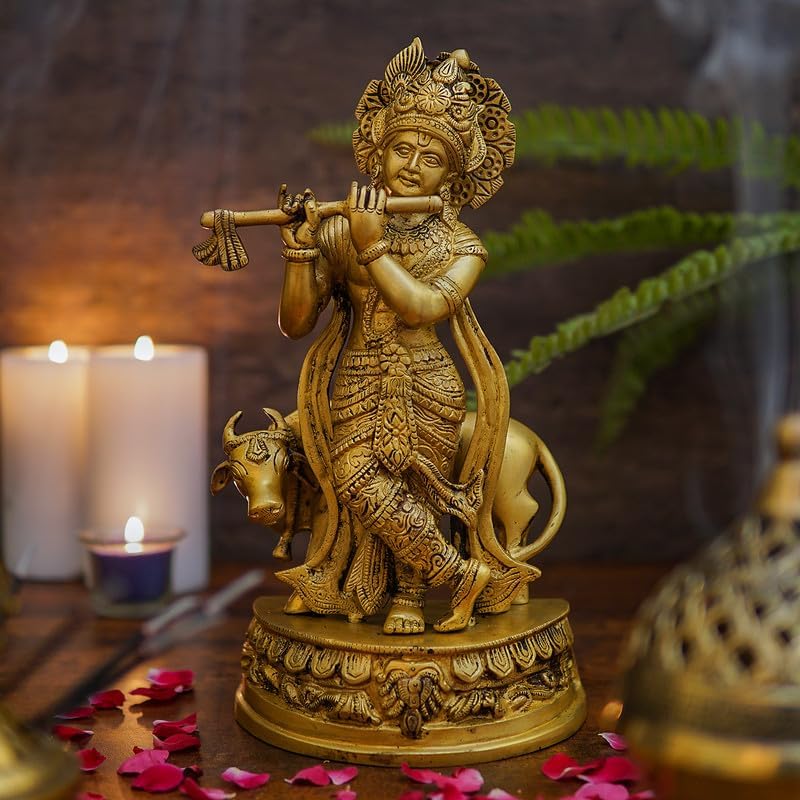 Statuestudio Krishna Idol with Cow - 125 Inch Brass Statue 1