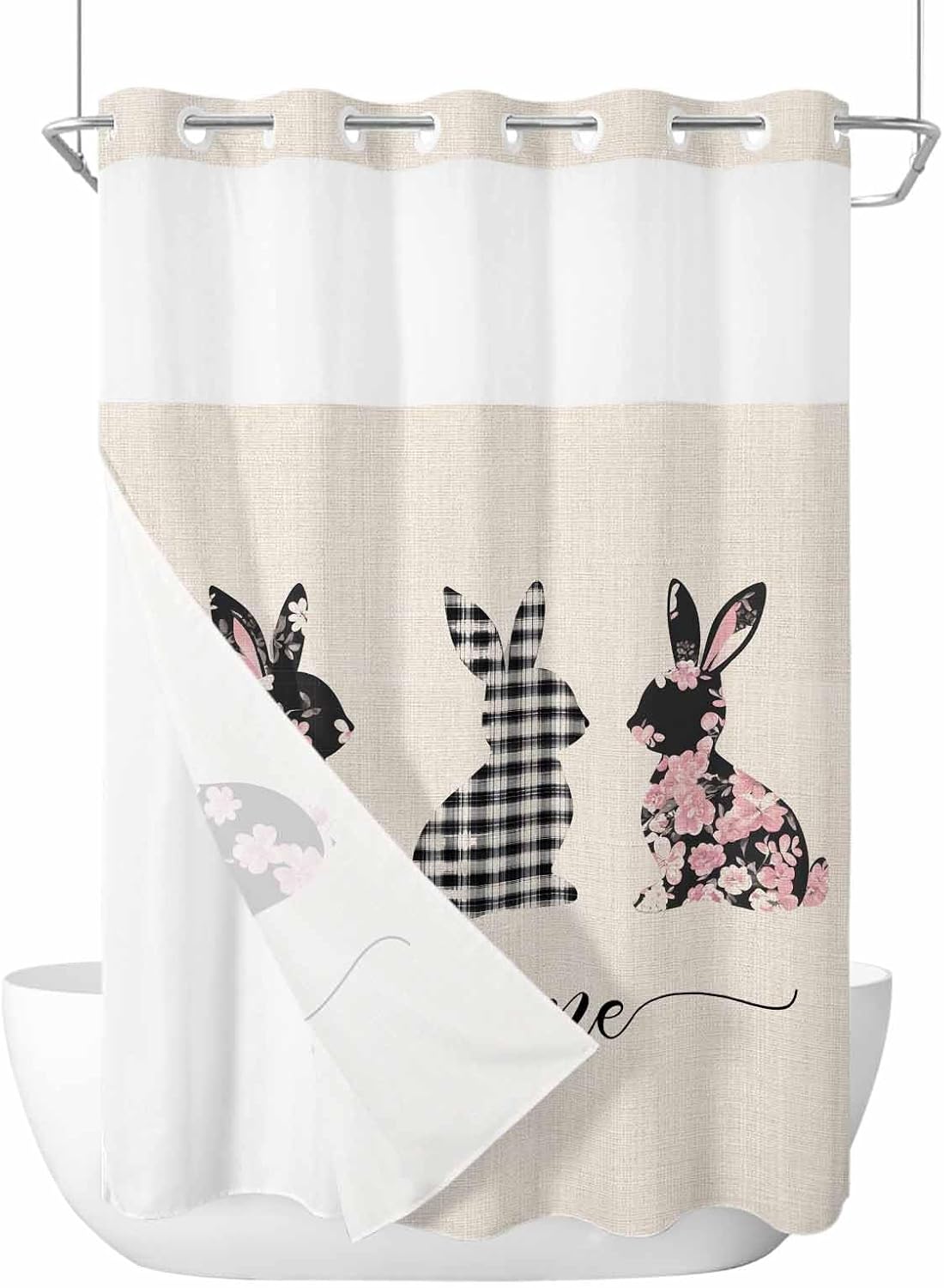 No Hook Easter Bunny Shower Curtain Set Black Checkered