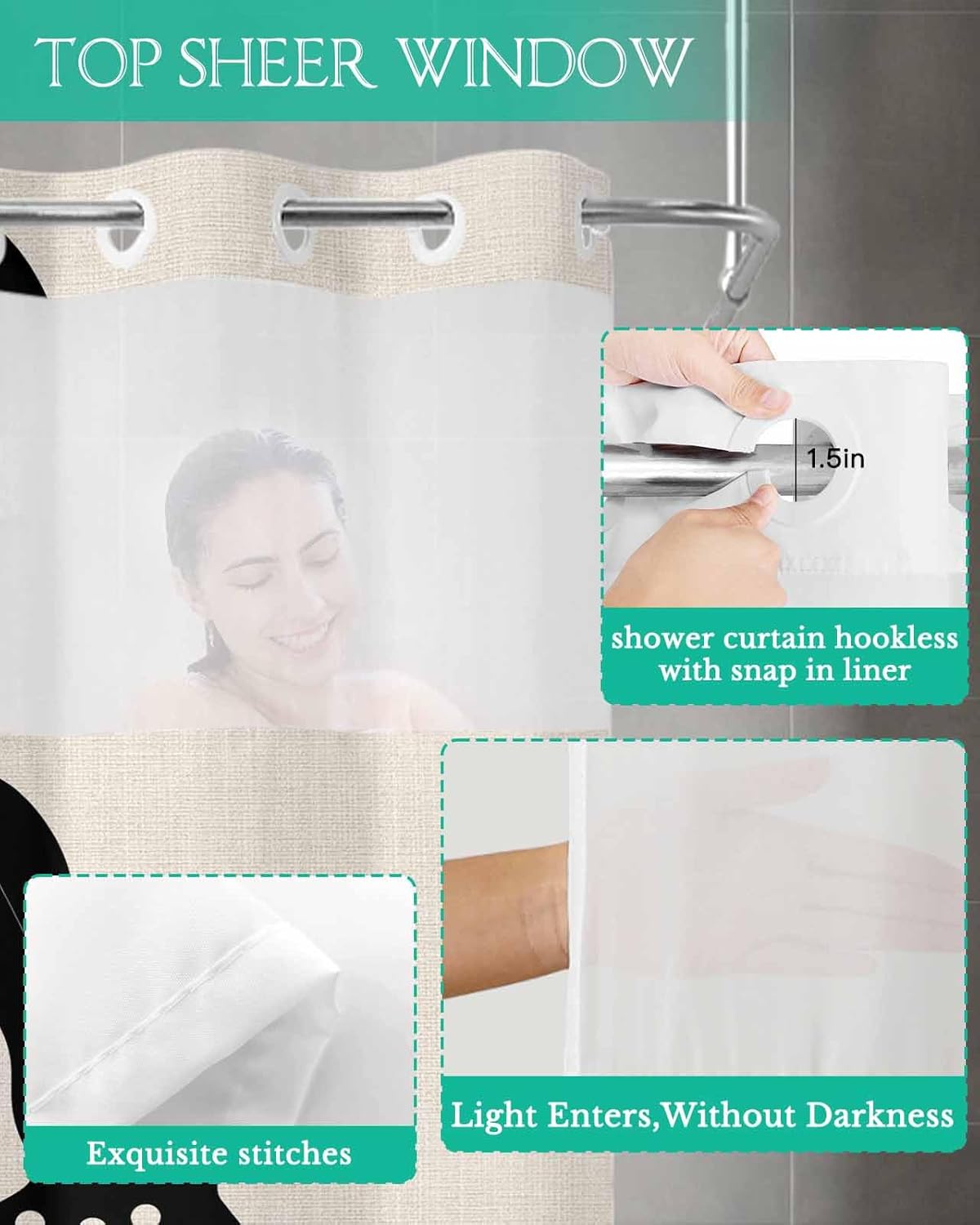 Anzona No Hook Shower Curtain Set 48x72 Inch Black White Dots Waterproof Liner