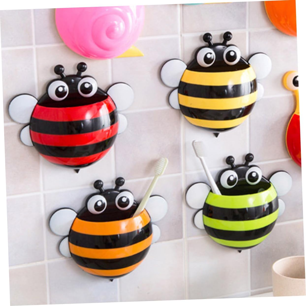 Luxshiny 4PCS Cartoon Honeybee Toothbrush Holder Wall Mount
