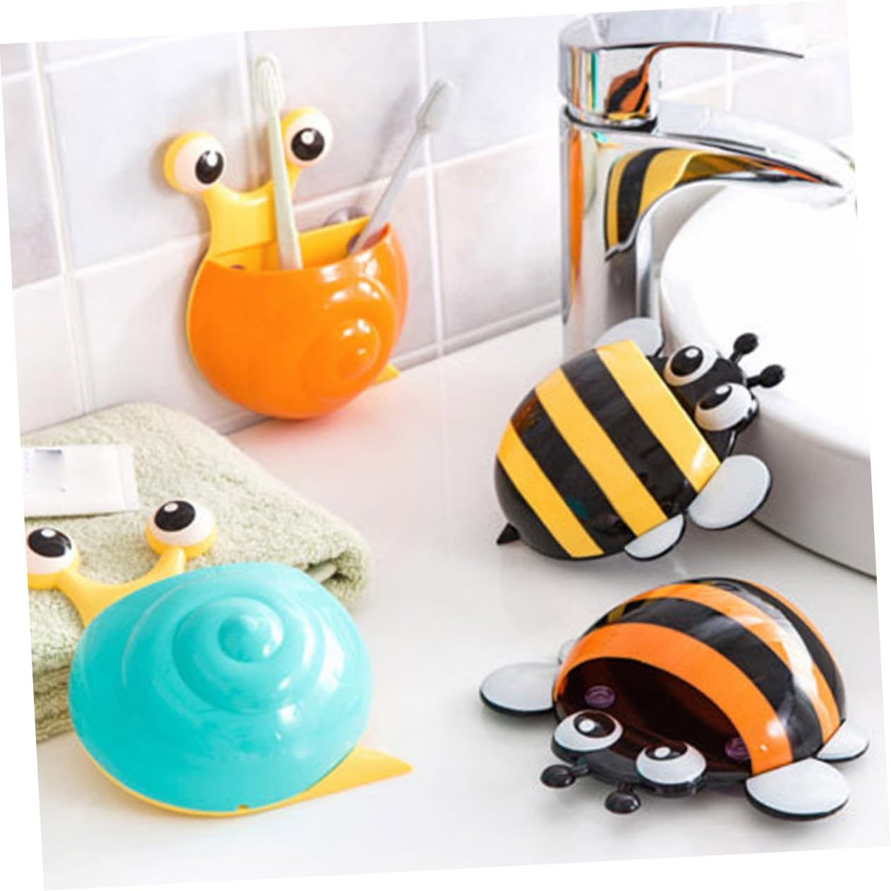 Luxshiny 4PCS Cartoon Honeybee Toothbrush Holder Wall Mount