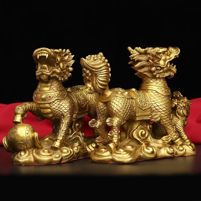 Julrybox Brass Qilin Fengshui Statue Home Office Decor
