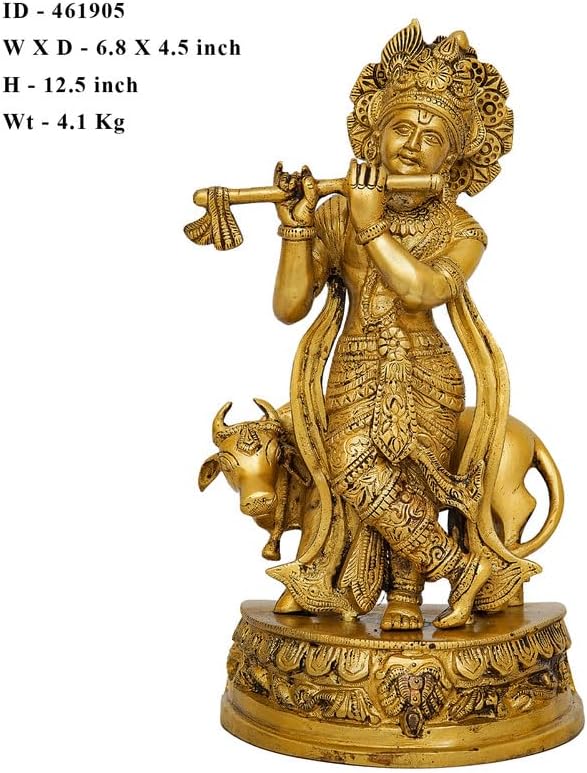 Statuestudio Krishna Idol with Cow - 125 Inch Brass Statue 1