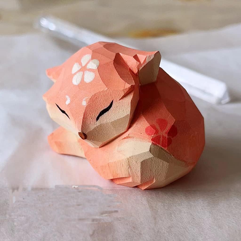 Pink Handmade Wooden Fox Statue Sculpture