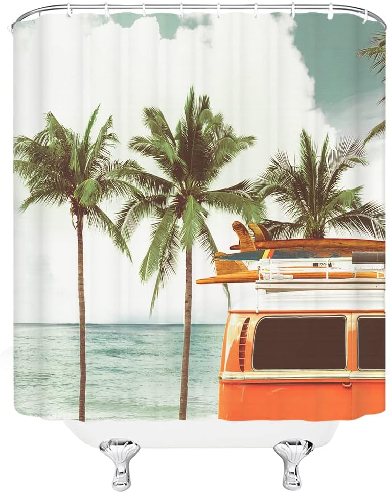Retro Tropical Palm Tree Surfboard Shower Curtain with Hooks 59x70