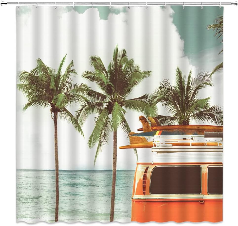 Retro Tropical Palm Tree Surfboard Shower Curtain with Hooks 59x70