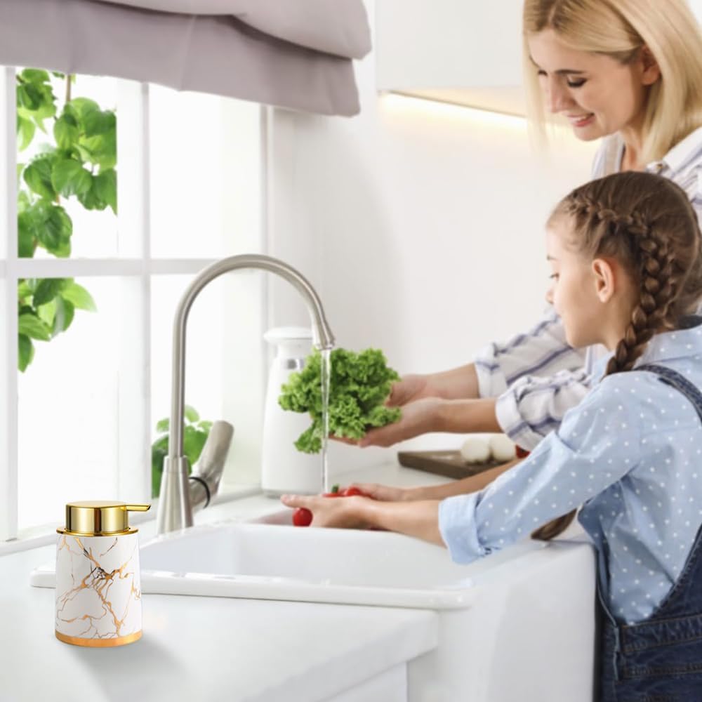Ceramic Foaming Soap Dispenser with Gold Pump 135Oz White Marble Design