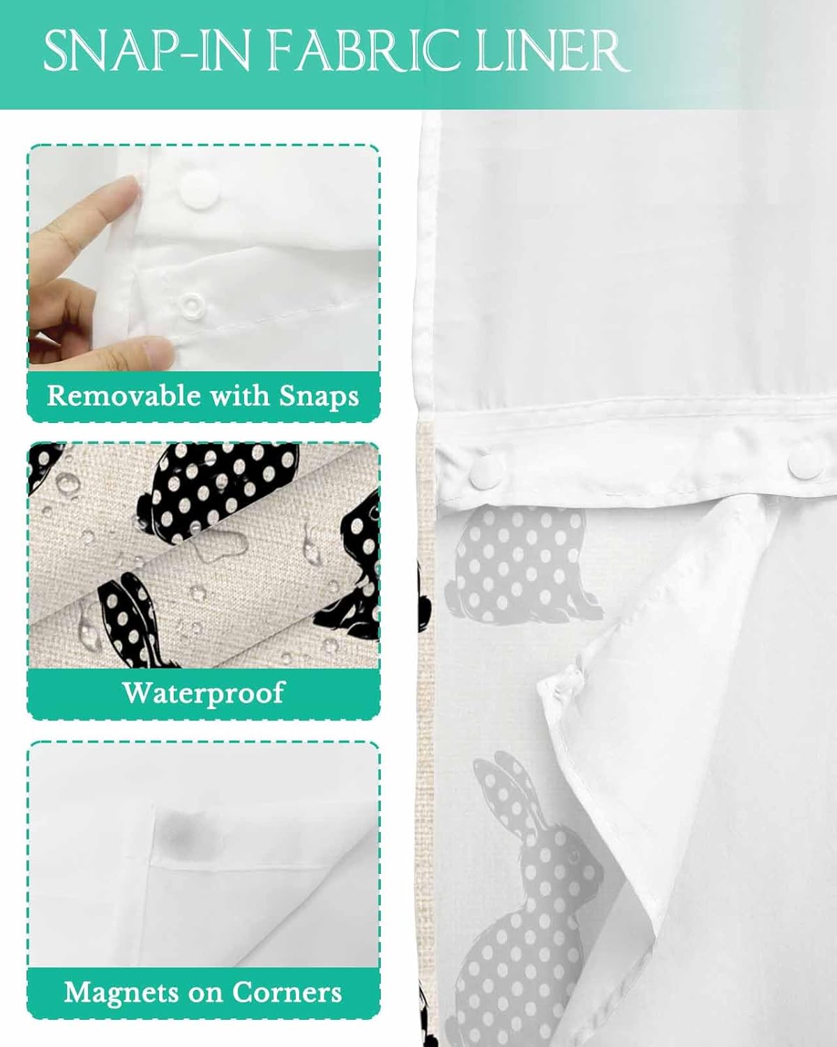 Anzona No Hook Easter Rabbit Shower Curtain Set