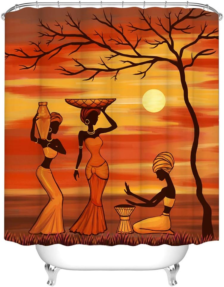 RnnJoile African Women Shower Curtain Set 72x72 Yellow Burnt Orange