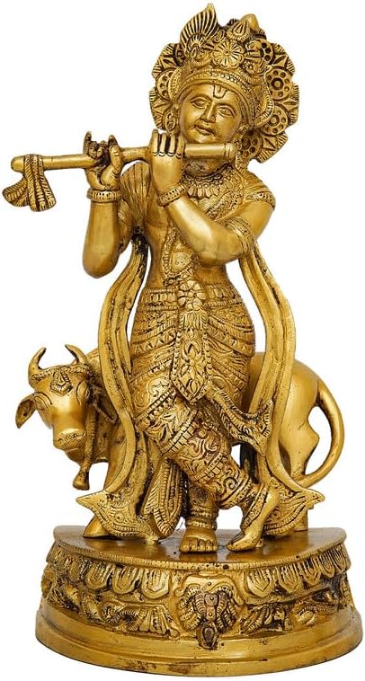 Statuestudio Krishna Idol with Cow - 125 Inch Brass Statue 1