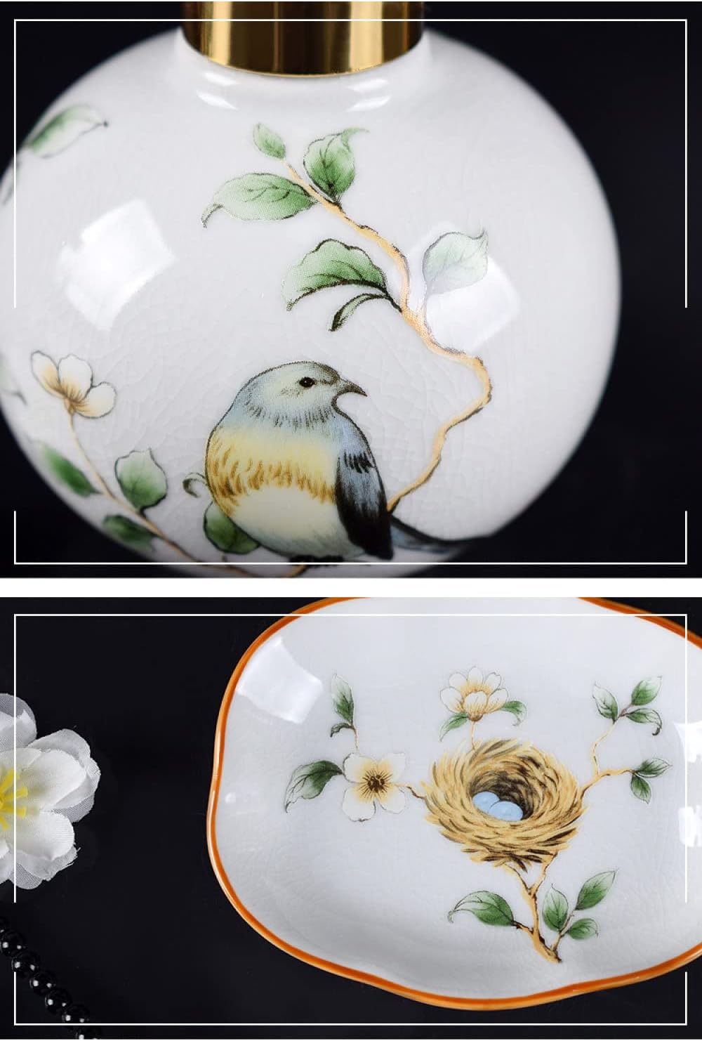 SAFWE Crack Ceramic Hand Soap Dispenser Set with Flower Bird Design