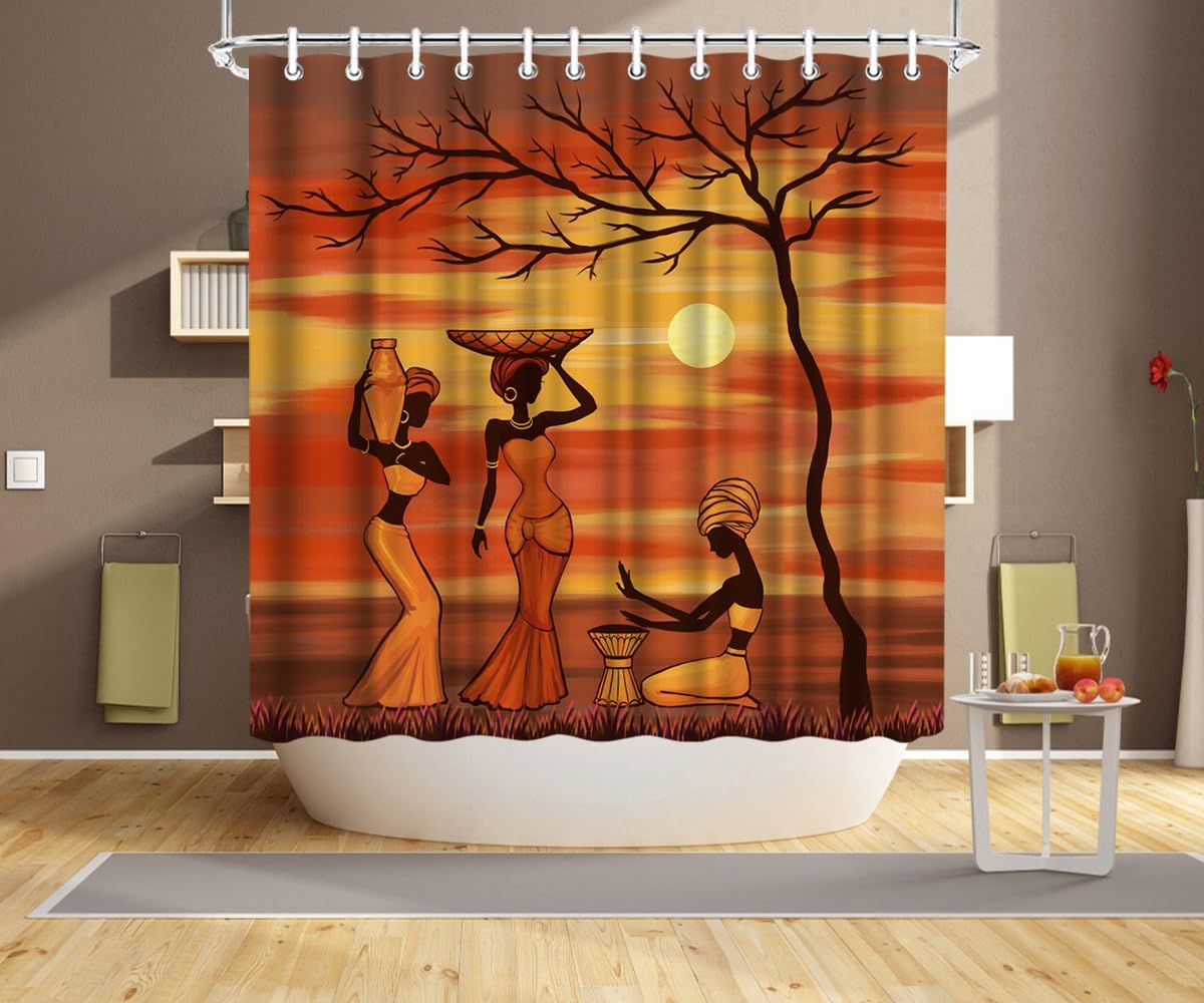 RnnJoile African Women Shower Curtain Set 72x72 Yellow Burnt Orange