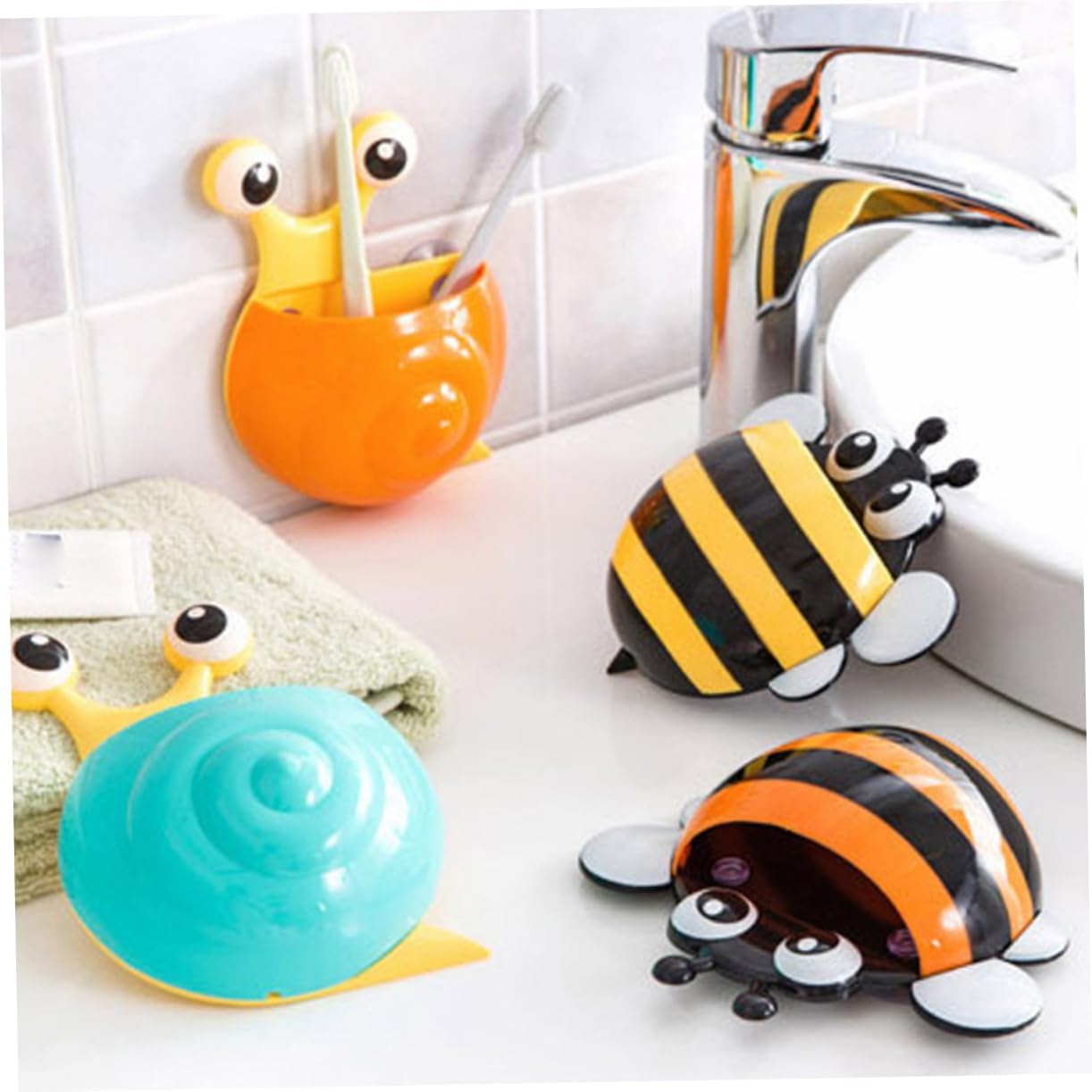 4pcs Cartoon Bee Wall Mount Toothbrush Holder with Suction Cup