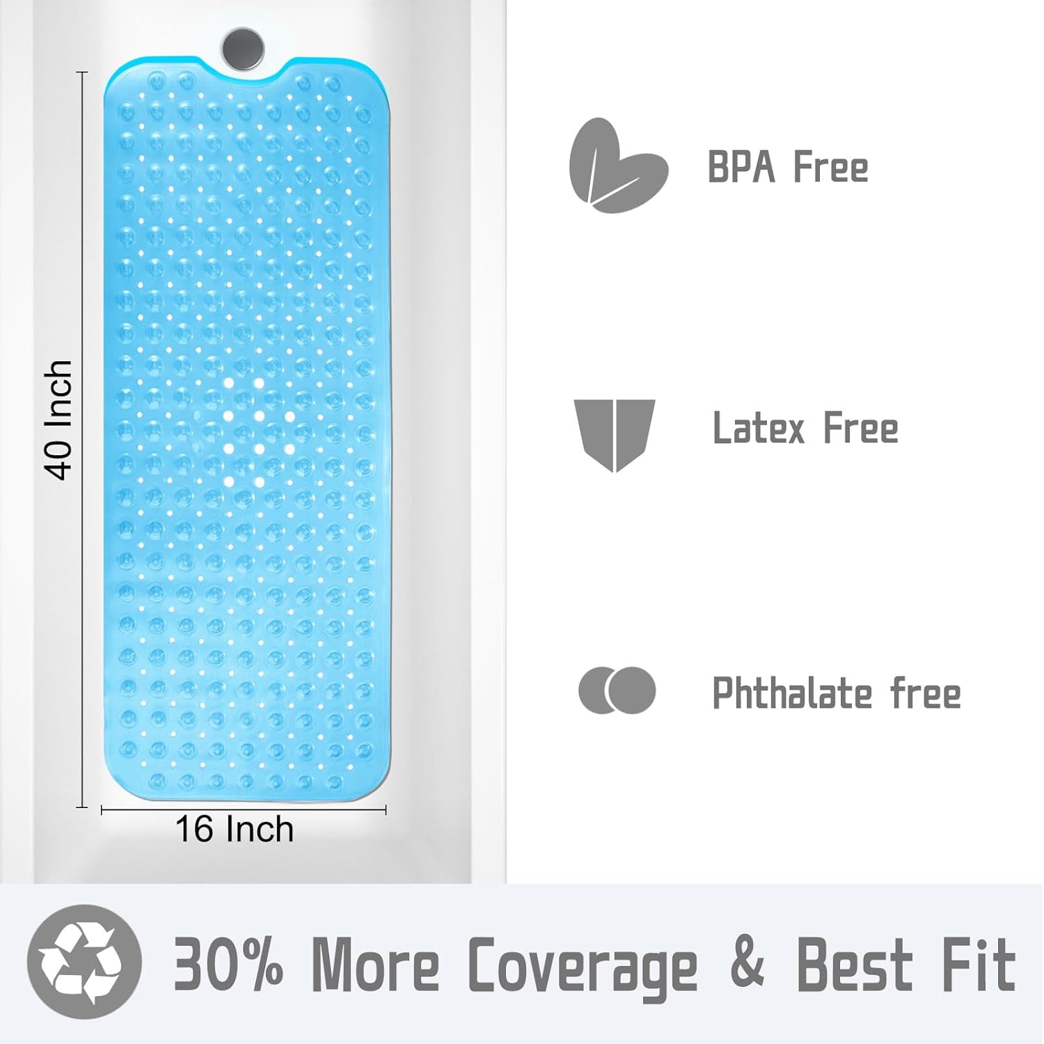 Yimobra Non-Slip Bath Mat 40x16 Clear Blue with 200 Suction Cups