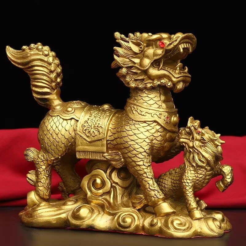 Julrybox Brass Qilin Fengshui Statue Home Office Decor