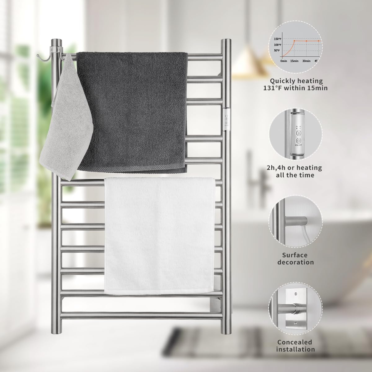 NORTTA Wall Mounted Towel Warmer 12 Bars with Plug-in and Hardwired Options