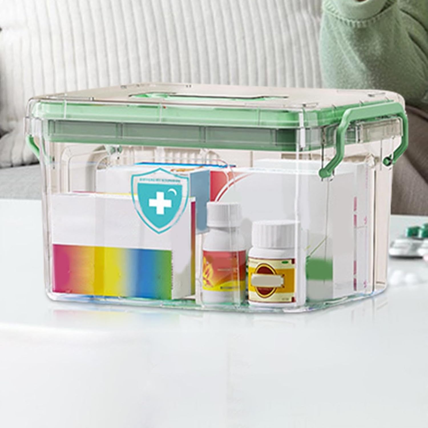 Household Medicine Organizer with Clear Layers and Secure Lid 1