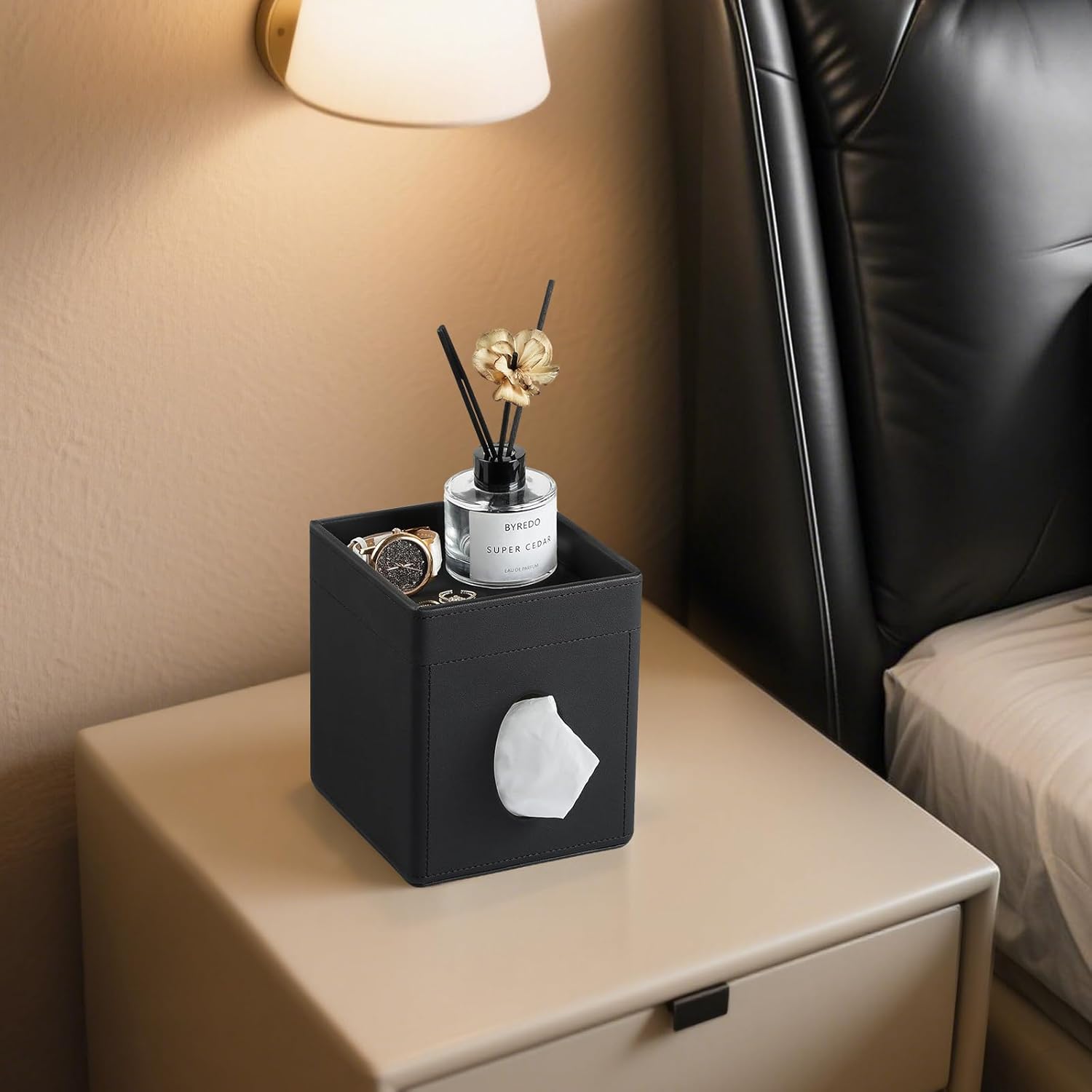 Black PU Leather Tissue Box Cover Holder