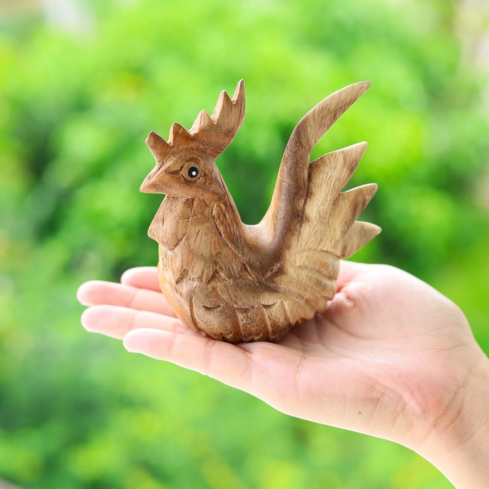 Thai Wooden Hand Carved Rooster Statue - Rustic Home Decor Accent