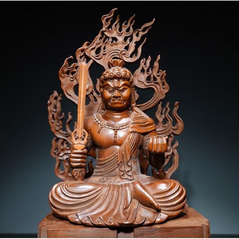 Handcrafted Fudo Myo-o Boxwood Statue - Zen Decor