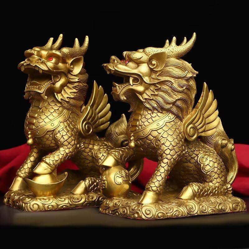 Brass Kirin Statue Fengshui Decor Home Office Ornament