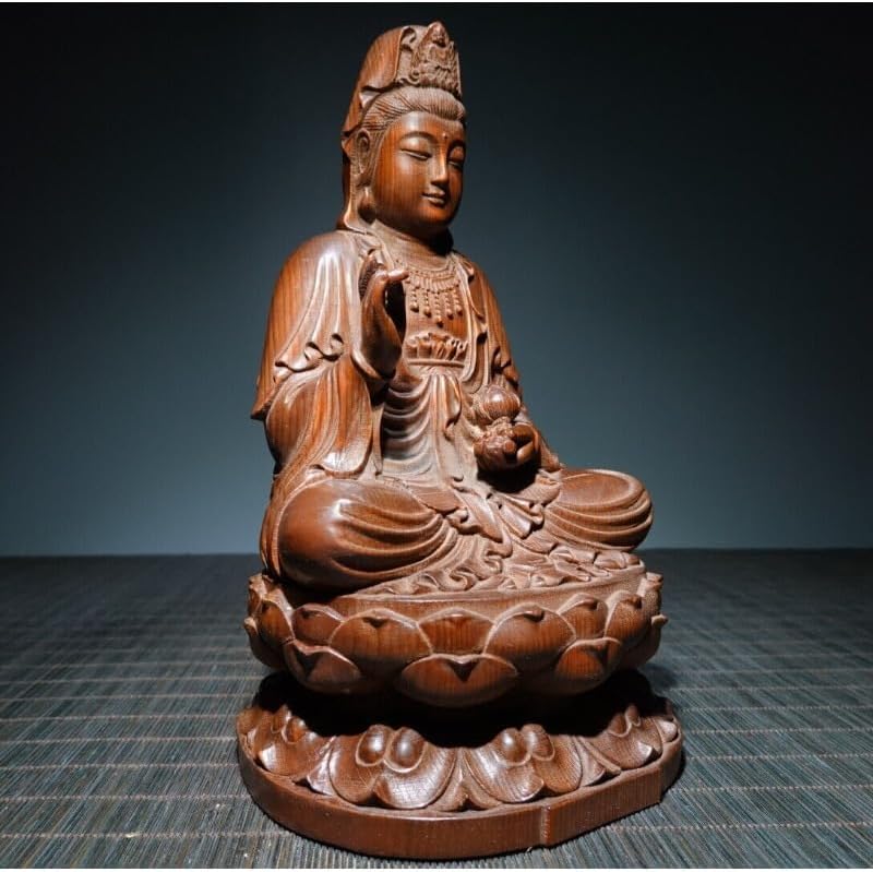 Handcrafted Boxwood Kwan-yin Sitting Lotus Statue