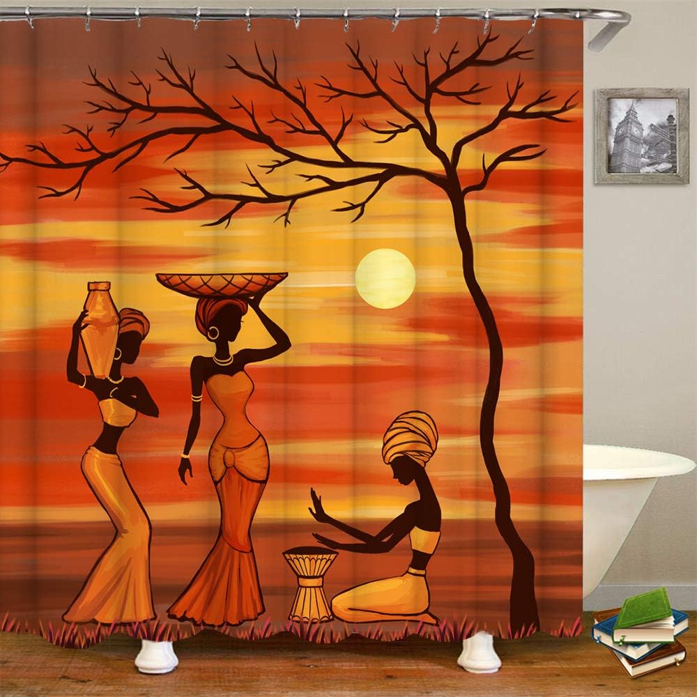 RnnJoile African Women Shower Curtain Set 72x72 Yellow Burnt Orange