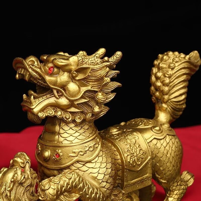 Julrybox Brass Qilin Fengshui Statue Home Office Decor
