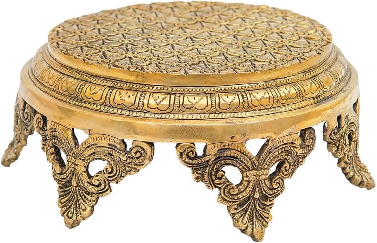 Statuestudio Brass Pooja Chowki with Pedestal - Gold