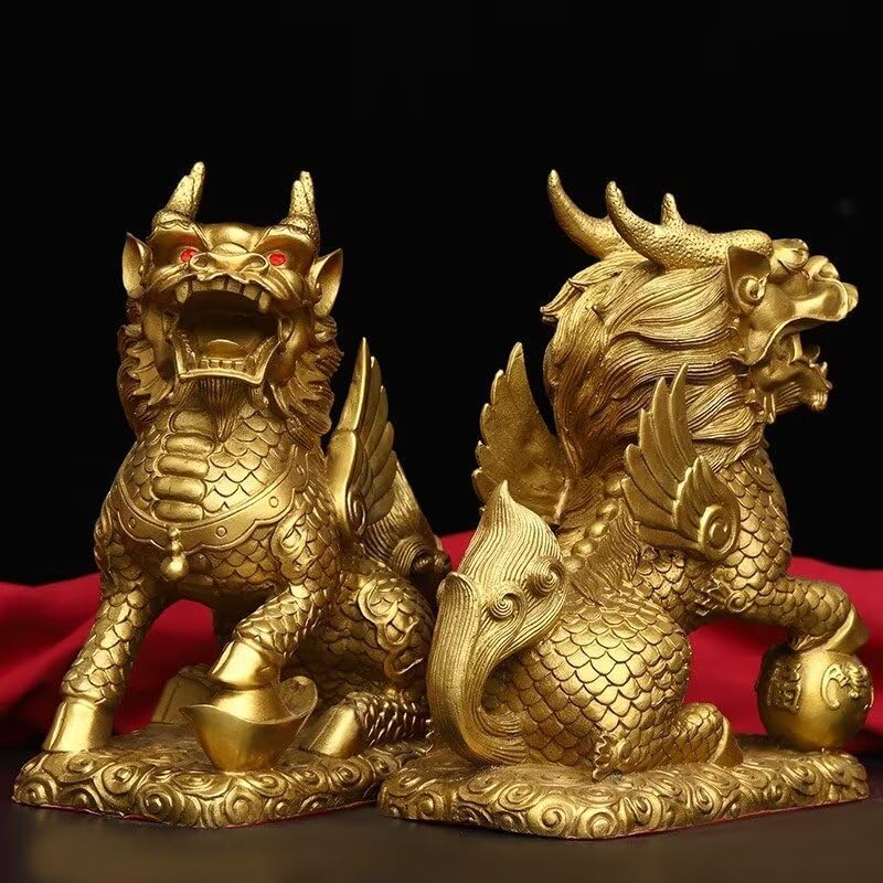 Brass Kirin Statue Fengshui Decor Home Office Ornament
