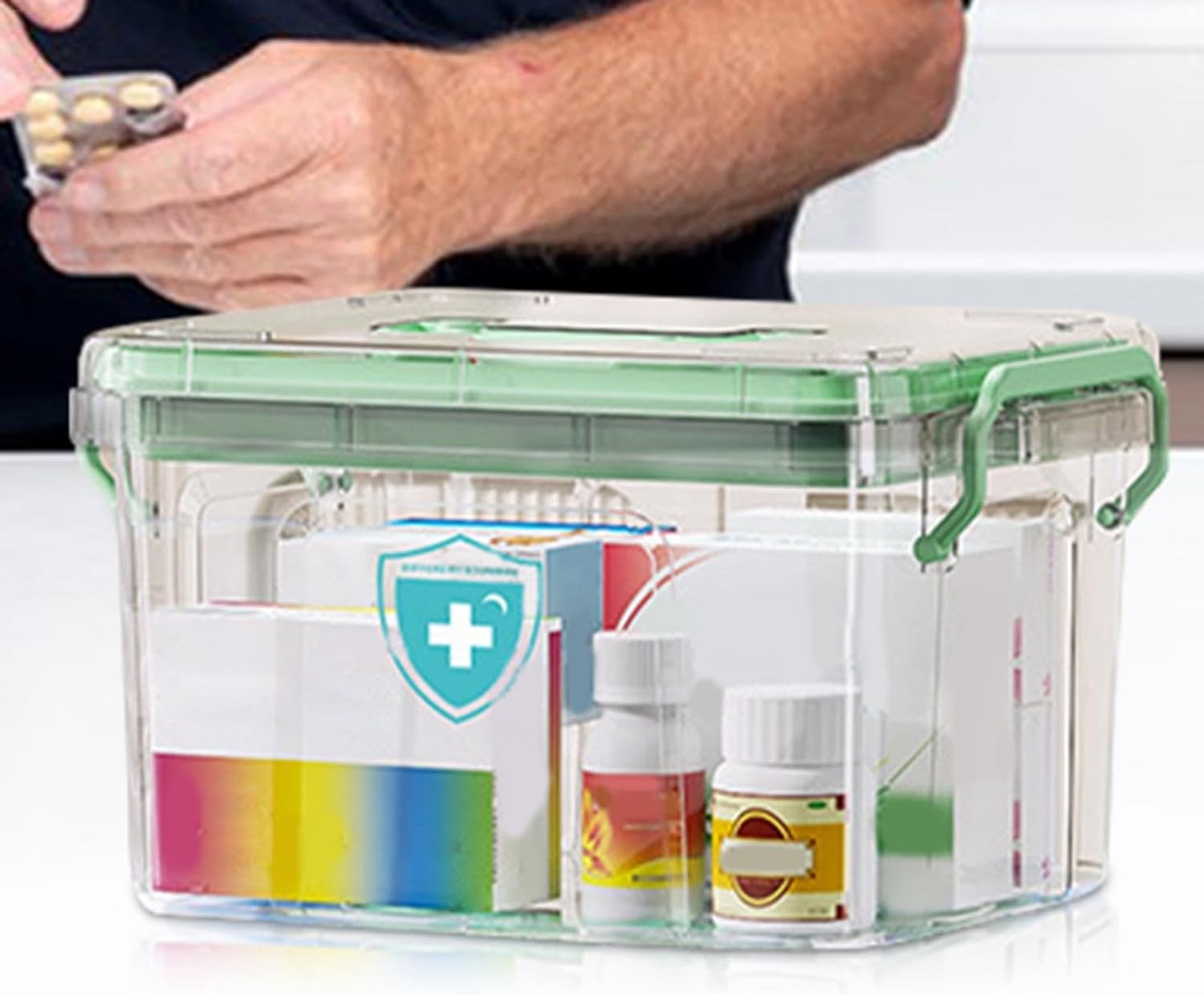 Household Medicine Organizer with Clear Layers and Secure Lid 1