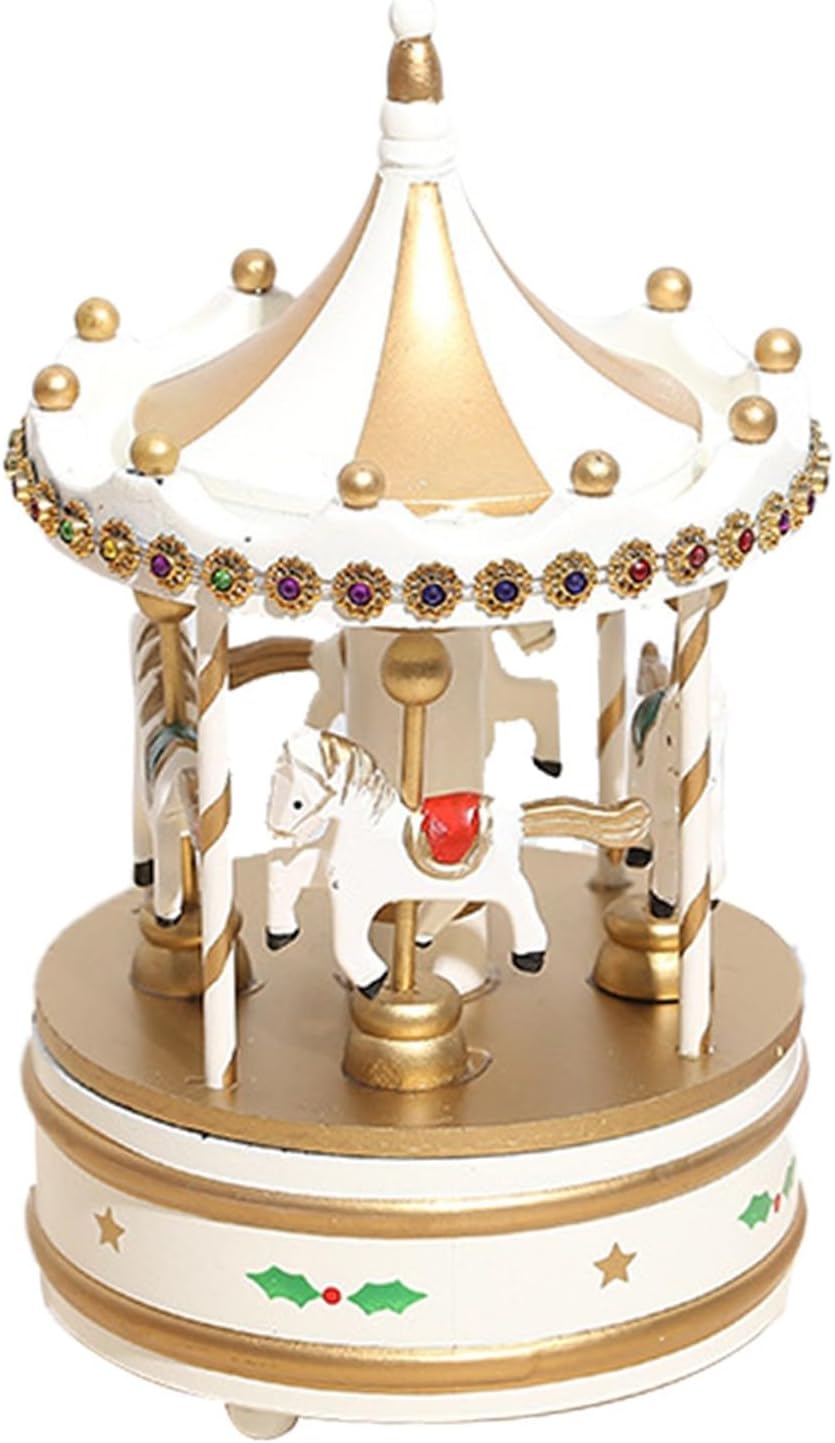 Nudsfuii Gold Wood Musical Rotating Carousel Christmas Figurine Table Decor