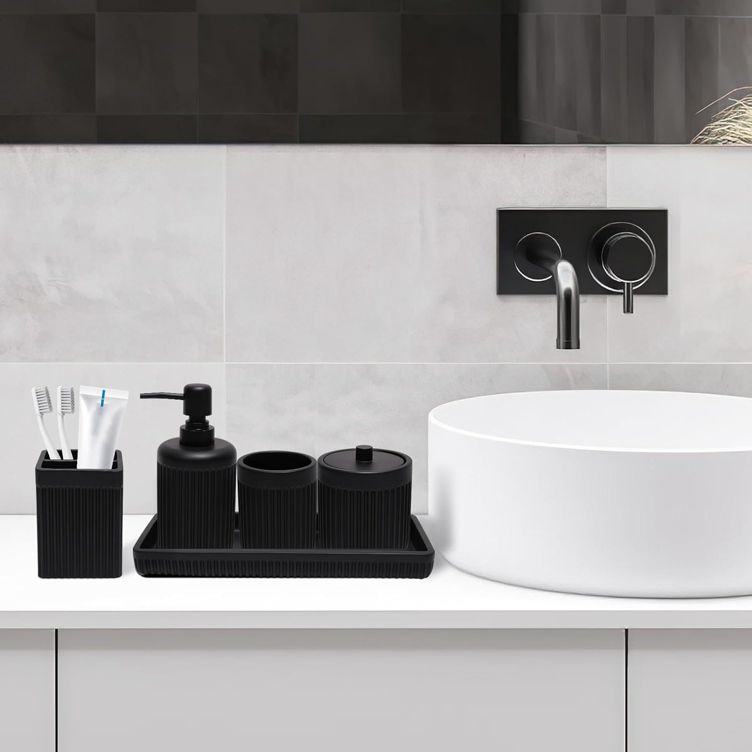 XLHOMO 5 Pc Resin Matte Black Bathroom Accessories Set