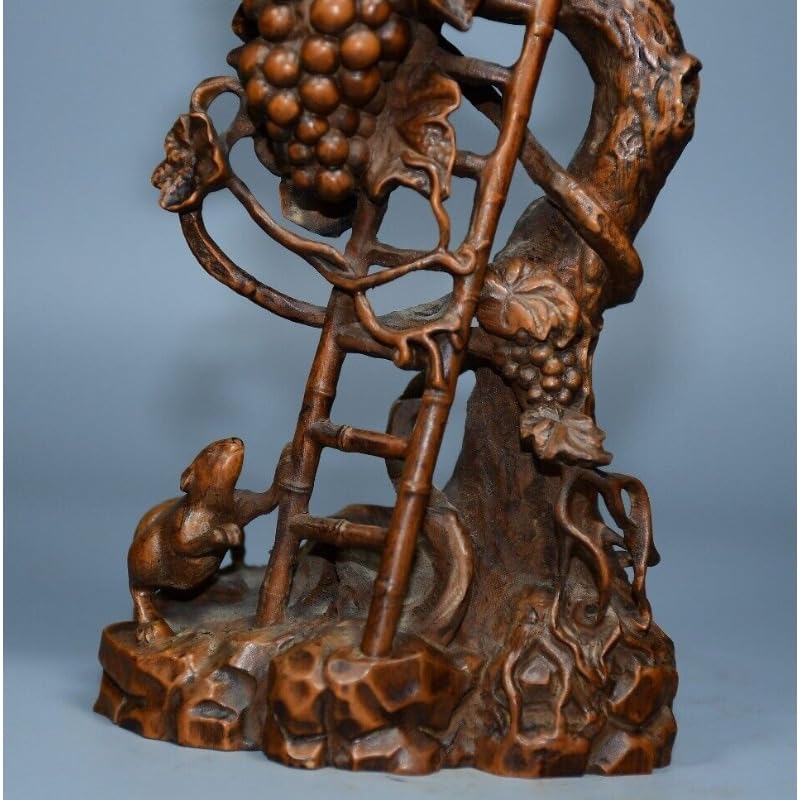 Handcrafted Boxwood Squirrel Ladder Grape Statue