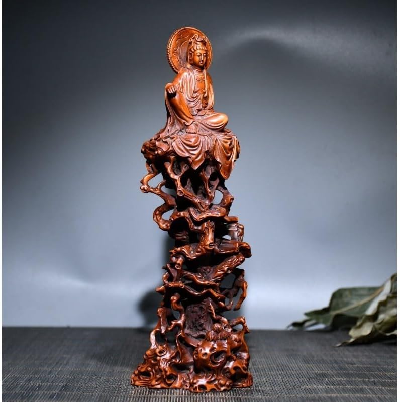 Handcrafted Boxwood Guanyin Sitting Pine Statue