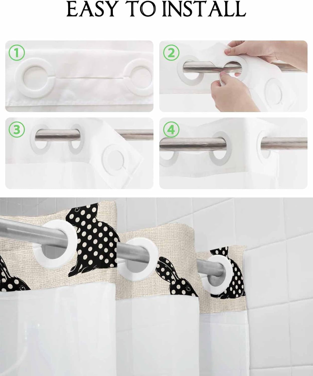 Anzona No Hook Easter Rabbit Shower Curtain Set