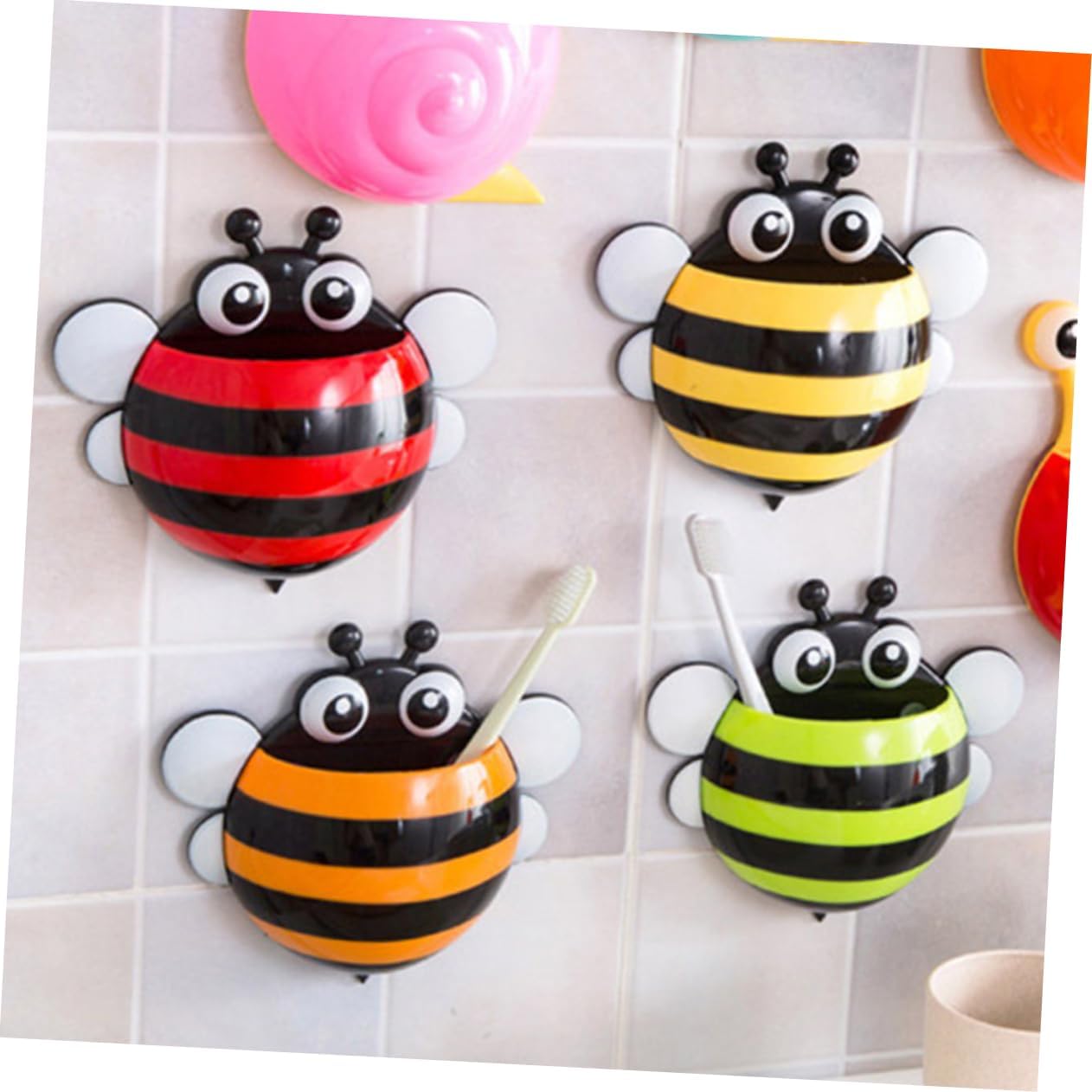 4pcs Cartoon Bee Wall Mount Toothbrush Holder with Suction Cup
